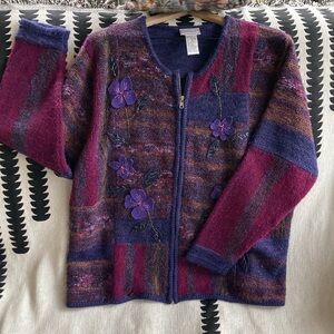 VTG Patchwork Embroidered Floral Wool Blend Knit Zip Cardigan Purple Multi Sz L